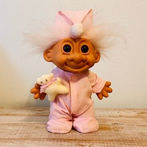 Vintage Nighty-Night Sleepytime Baby Girl Troll w/ Teddy 1980s Russ 8 inches